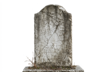 Old cracked gravestone isolated on white background weathered and worn memorial for cemetery or graveyard concepts