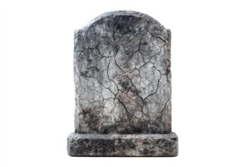 Old cracked gravestone weathered and worn isolated on a white background suitable for Halloween or historical concepts