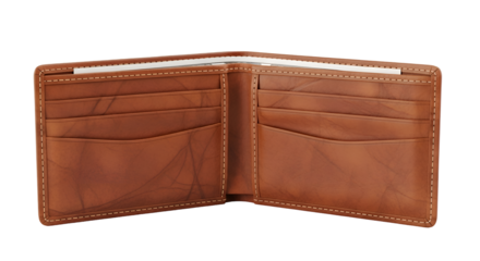 Open brown leather bi fold wallet with card slots