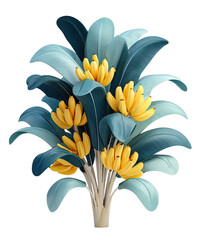 Transparent Cutout of a Vibrant Banana Plant, Bursting with Ripe Yellow Bananas and Lush Blue green Leaves, a Stylized Botanical Illustration