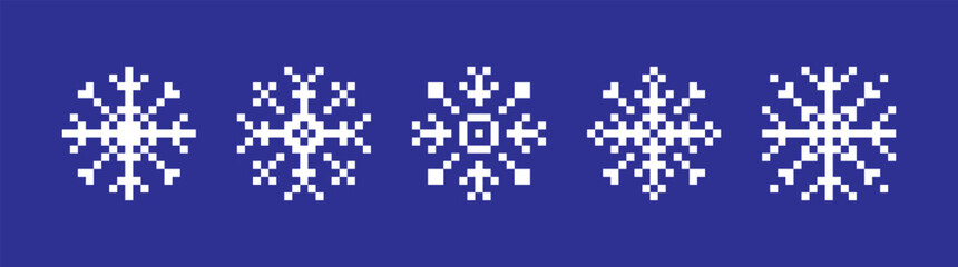 set of pixel square abstract line snowflakes icons, snowflake snow symbol collection for new year, Christmas, winter cards, poster, banner, pattern, advertisement, snowflakes vector icon template	
