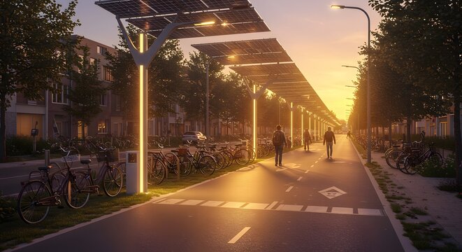 Solar Panel Street Lighting Urban Bike Path at Sunset - Powered by Adobe