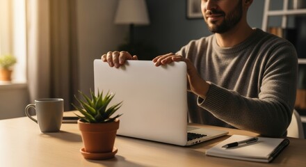 Man finishes remote work and shuts a laptop at a tidy desk, cozy home office mood with soft evening light and clean minimal style