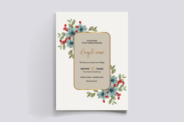 WEDDING INVITATION FRAME WITH FLOWER DECORATIONS AND FRESH LEAVES