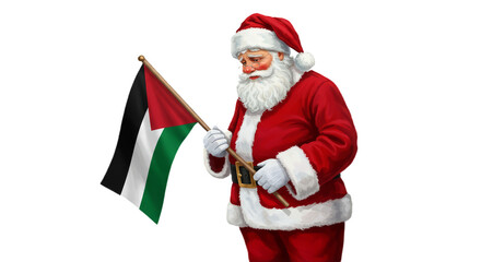 Sad Santa Clause Holding a Palestine Flag isolated on white transparent background, Stop Genocide , Santa With Palestine Flag PNG  
