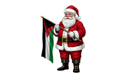 Sad Santa Clause Holding a Palestine Flag isolated on white transparent background, Stop Genocide , Santa With Palestine Flag PNG  