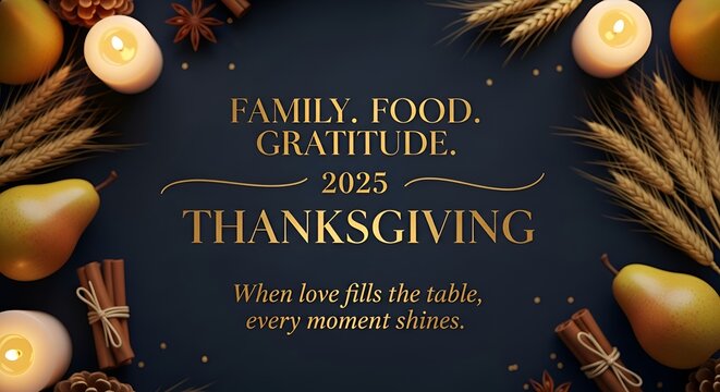 Elegant Gold Lettering Thanksgiving 2025 Design with Pears and Cinnamon