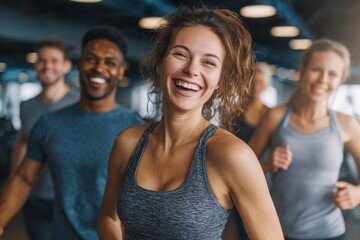 Group of happy individuals exercising in a gym