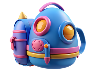 Photo of cute blue and pink cartoon rocket backpack isolated on transparent background