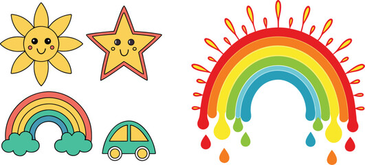 Cheerful sun star rainbow car icons clouds
