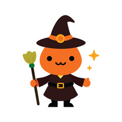 cute pumpkin wizard holding a magic broom