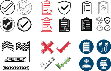 Check mark shield clipboard flag battery car solar panel