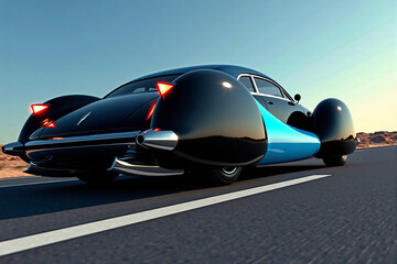 Futuristic concept car with retro art deco design driving on desert highway. Sleek black and blue luxury automobile representing innovation, speed, and future of automotive technology