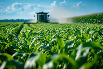 Modern farming scene showing active crop harvesting with combine machine moving through cornfield and raising dust