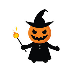 evil pumpkin witch casting spell with magic wand 