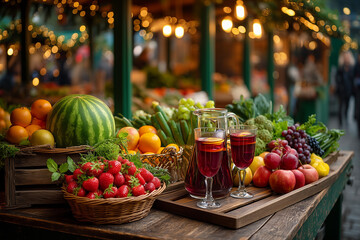 Christmas market stall with fresh fruits, festive decorations, and glasses of mulled wine on rustic table under warm string lights