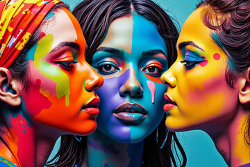 Obraz premium Abstract colorful painting of three women's faces blending together in vibrant pop art style. Creative artwork representing diversity, unity, friendship, and celebration of color like holi festival