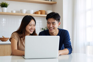 Happy young couple smiling and using a laptop together in their modern kitchen for online shopping or entertainment