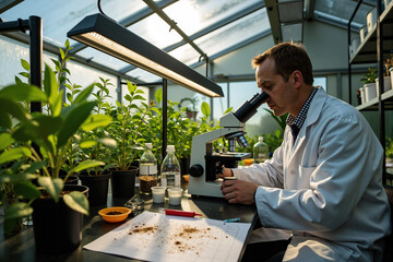 Male botanist in a lab coat conducting plant research with a microscope in a modern greenhouse with grow lights for agricultural innovation