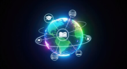 A vibrant illustration of a globe connected by digital educational icons.