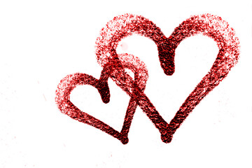 happy Valentine's Day 14th february 2 two Hearts drawing on concrete wall. red shaped heart shape Heart-shaped sign, symbol drawn painted on  street wall fence. isolated on white background