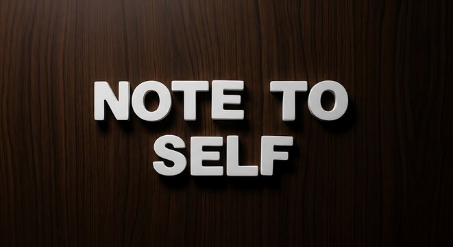 White 3D letters spelling 'NOTE TO SELF' cast a shadow on a dark wood background.