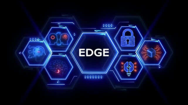 Edge computing technology concept with glowing neon hexagons and icons network digital