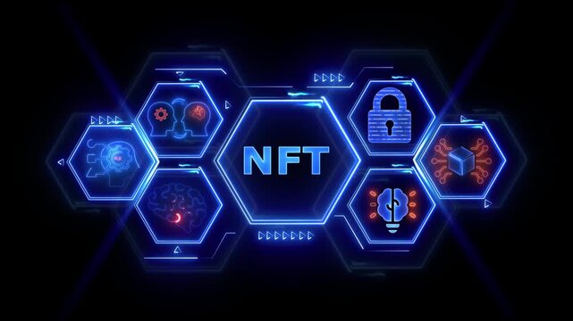 NFT Non- Fungible Token Technology Concept with Digital Brain and Security Icons non-fungible token