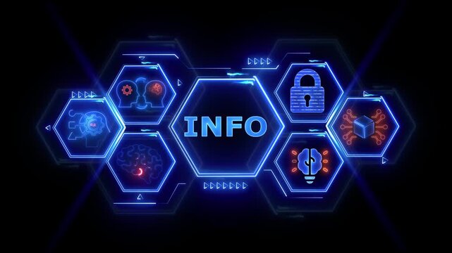 Abstract Digital Network with INFO Text and Technology Icons on Dark Background INFO information