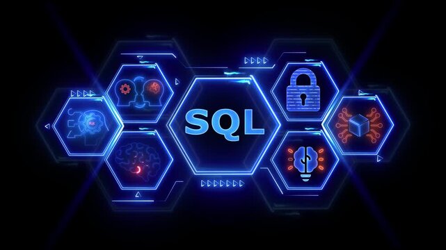 Futuristic Digital Network with SQL Database and Security Icons technology