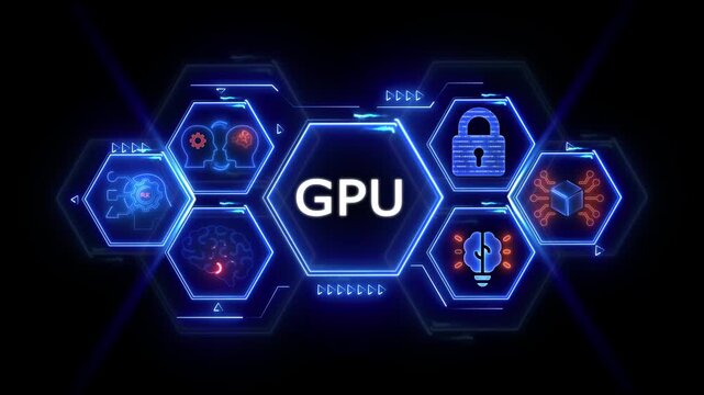 GPU technology concept with digital brain and security icons in hexagonal grid  