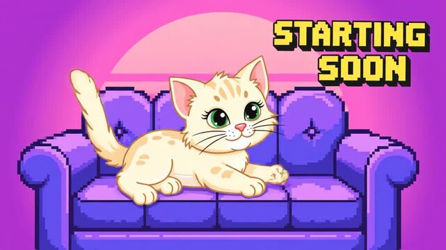 Pixel art cartoon cat sitting on a couch with starting soon text animation, virtual background for streamer footage.
