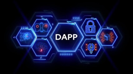 Decentralized Application DAP technology concept with glowing neon hexagons and icons DAPP blockchain - Powered by Adobe