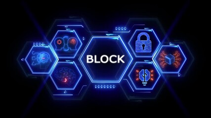Blockchain technology concept with glowing neon hexagons and icons network digital - Powered by Adobe