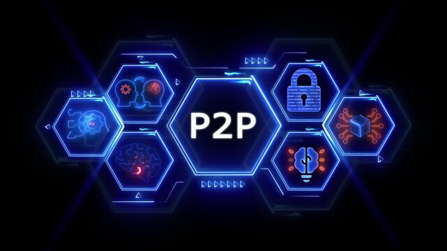 Futuristic Hexagonal Network Displaying P2 P Concept with Brain and Lock Icons peer to peer technology