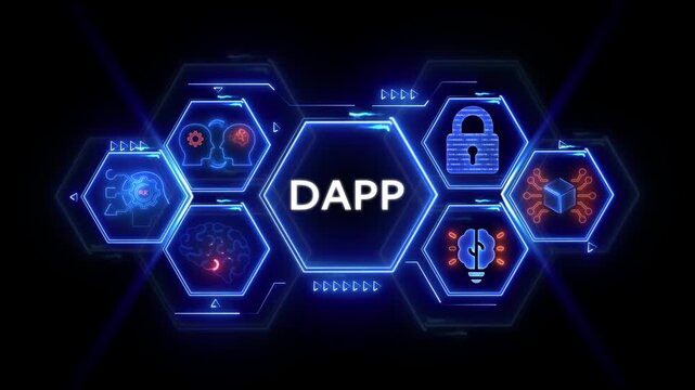 Decentralized Application DAP technology concept with glowing neon hexagons and icons DAPP blockchain
