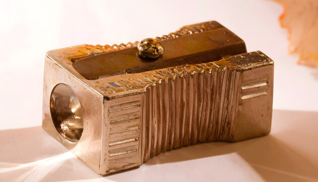 Close up of an ornate vintage metal pencil sharpener