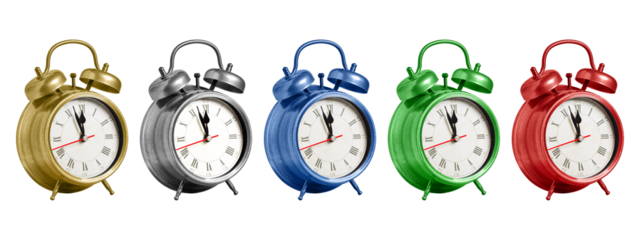 Collection of classic retro alarm clocks in gold, silver, blue, green, and red colors isolated on white background