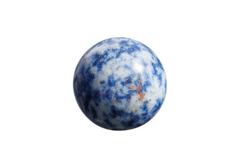 Naklejka premium A polished blue spot jade sphere on a white isolated background, featuring intricate blue speckles and a smooth, glossy finish. Ideal for decor, meditation, or mineral collections.