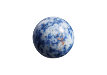A polished blue spot jade sphere on a white isolated background, featuring intricate blue speckles and a smooth, glossy finish. Ideal for decor, meditation, or mineral collections.