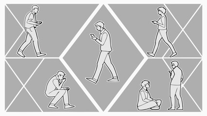 Minimal Line Drawing Vector Set of People in Different Poses Including Standing, Walking, Sitting, and Talking on Gray Background
