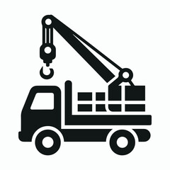 Monochrome Flat Design Truck with Crane Lifting Cargo Icon

