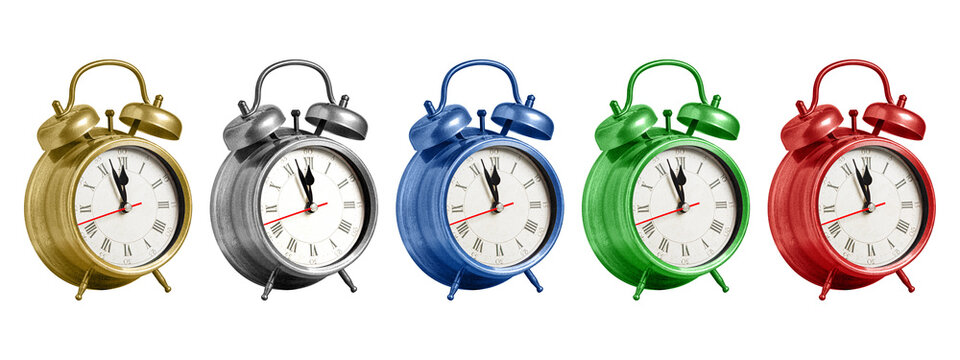 Collection of classic retro alarm clocks in gold, silver, blue, green, and red colors isolated on white background