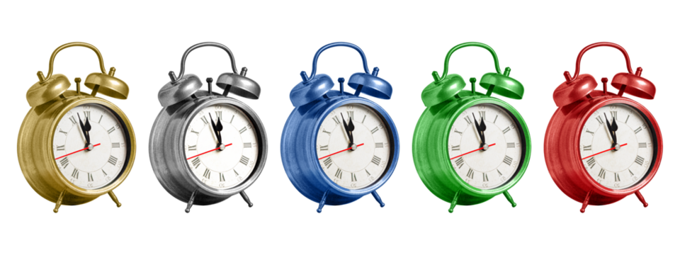 Collection of classic retro alarm clocks in gold, silver, blue, green, and red colors isolated on white background