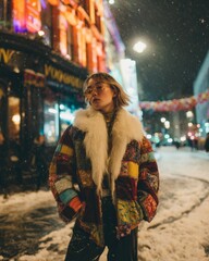 Cinematic Winter Editorial — Fashionable Woman in Snowy City