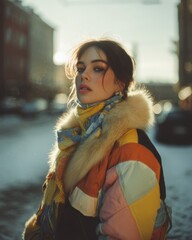 Urban Winter — Stylish Woman in Patchwork and Faux Fur