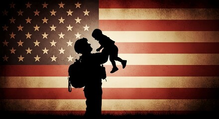 Celebrating Veterans Day with a poignant silhouette of a soldier returning home to family under the American flag. copy space empty