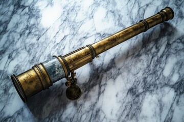 An ornate, antique brass telescope with a weathered blue patina lies on a veined marble surface, suggesting historical exploration and discovery.