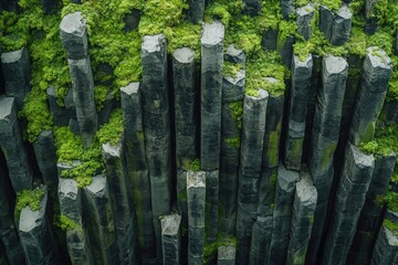 Dramatic natural basalt columns rise vertically, topped and intertwined with vibrant green moss, forming a unique geological tapestry.
