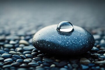 A perfect water droplet rests atop a smooth, dark grey pebble, surrounded by blurred smaller stones, embodying peace and reflection.